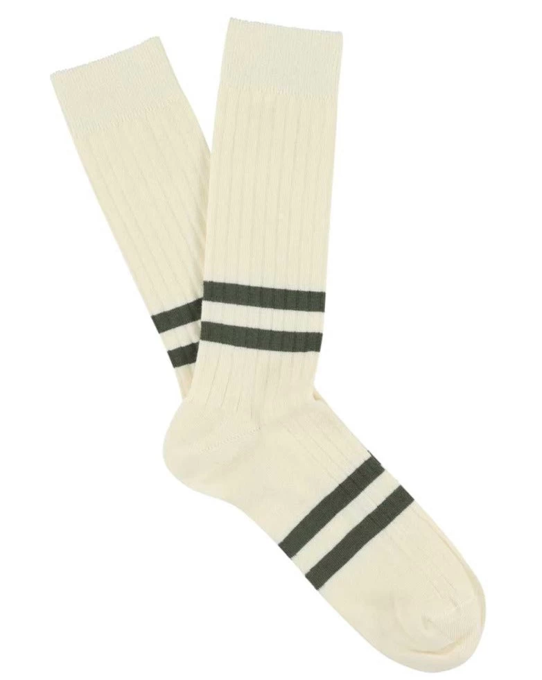 Escuyer Socks - Stripes - Ecru / Khaki 2 Escuyer Socks - Stripes - Ecru / Khaki - Image 2